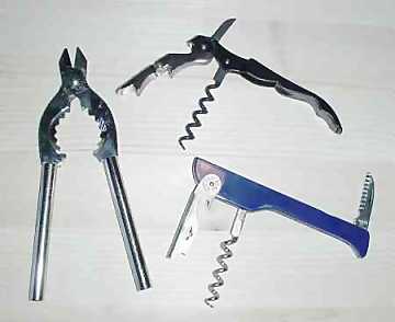 Sparkling wine pliers and two types of
corkscrews